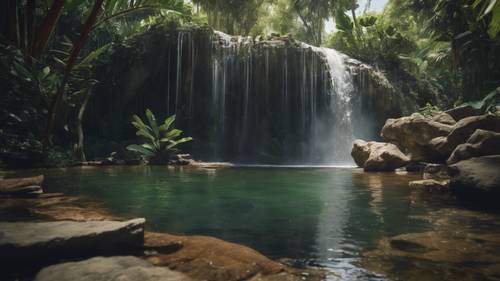 Pemandangan indah air terjun tropis yang mengalir ke kolam terpencil yang menawan.