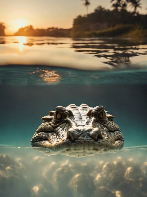 日落時鱷魚在水面和水下的分裂視圖。