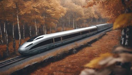 A modern gray high-speed train, cutting through a forest with autumn leaves.