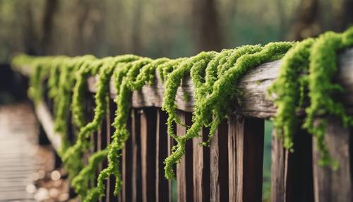 A verdant green vine crawling over a wooden fence covered in moss.