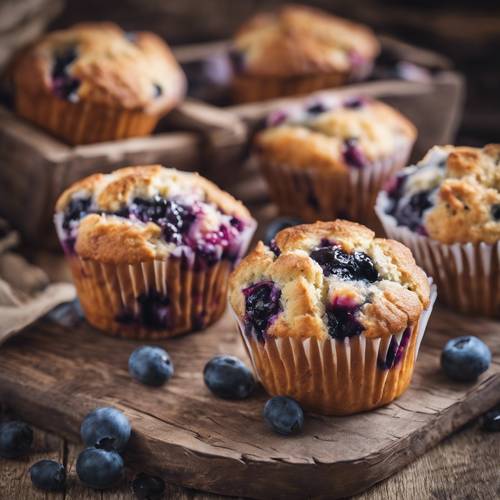 Blueberry muffins on a vintage wooden table.
