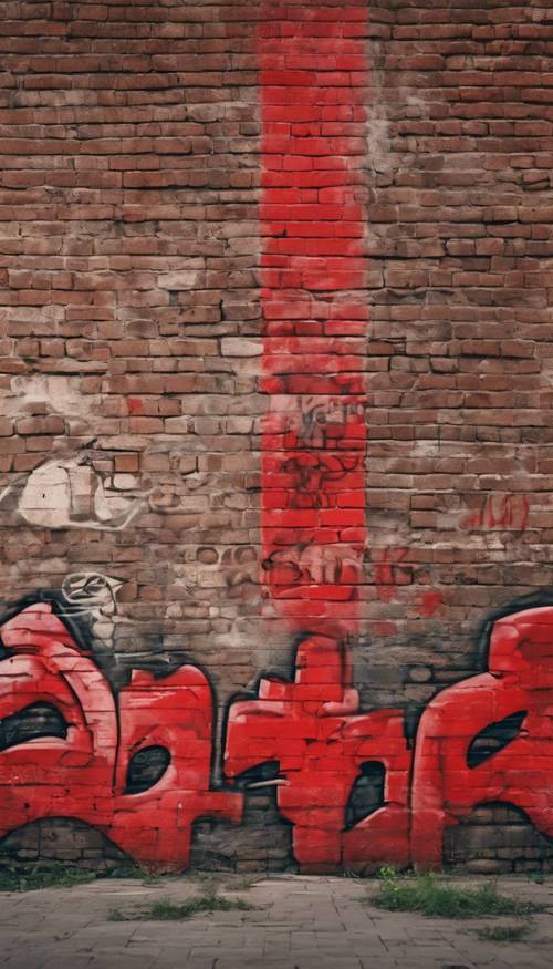 גרפיטי אדום על קיר לבנים ישן בסביבה עירונית.