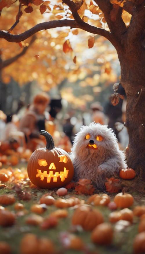 Fluffy, imaginary Halloween creatures partaking in the pumpkin carving contest under a tree with candy-colored leaves.