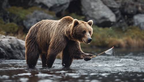 Um urso pardo pescando no leito de um rio rochoso e cinzento.