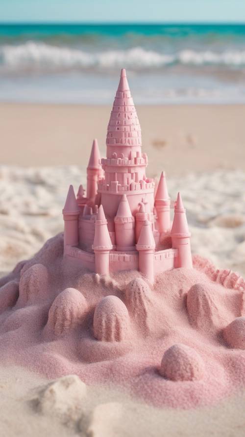 Un château de sable rose pastel preppy complexe sur une plage idyllique aux eaux claires azur.