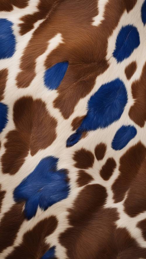 A close-up of cowhide, dyed royal blue with abstract shapes that emulate a cow print pattern.