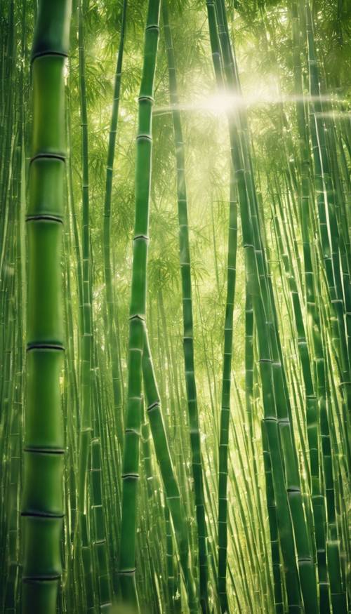 Une forêt de bambous verts dont la lumière du soleil filtre à travers le feuillage dense.