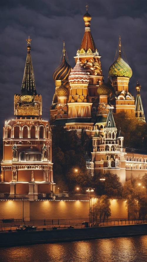 俄罗斯莫斯科的夜间天际线，展现了克里姆林宫独特的建筑风格。