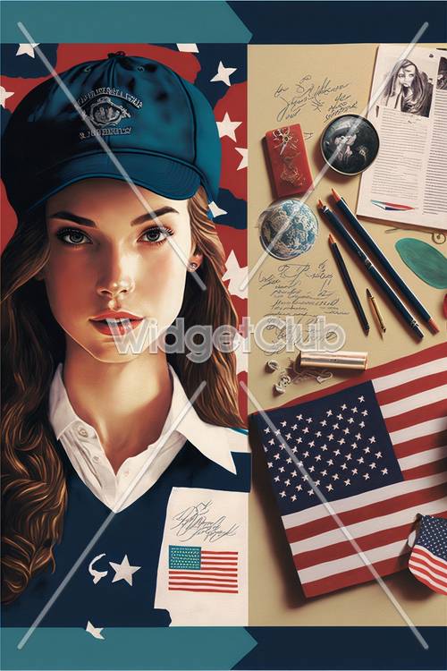 Tema patriottico con ragazza artistica e simboli americani
