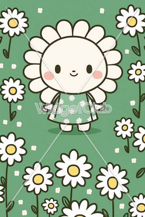 Cute Flower Character on Green Background
