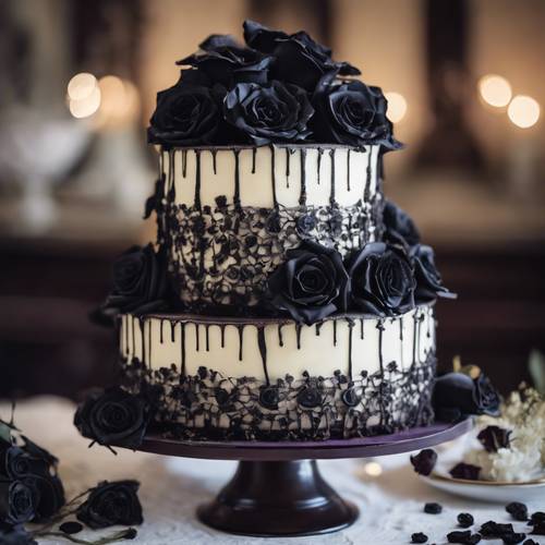 Un gâteau de mariage macabre orné de roses noires et de violettes en sucre.