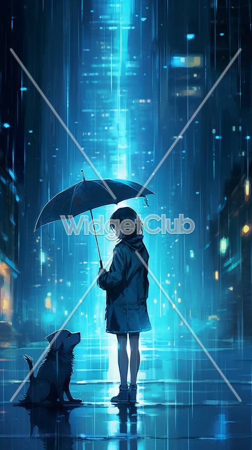 Rainy City Night with Girl and Dog