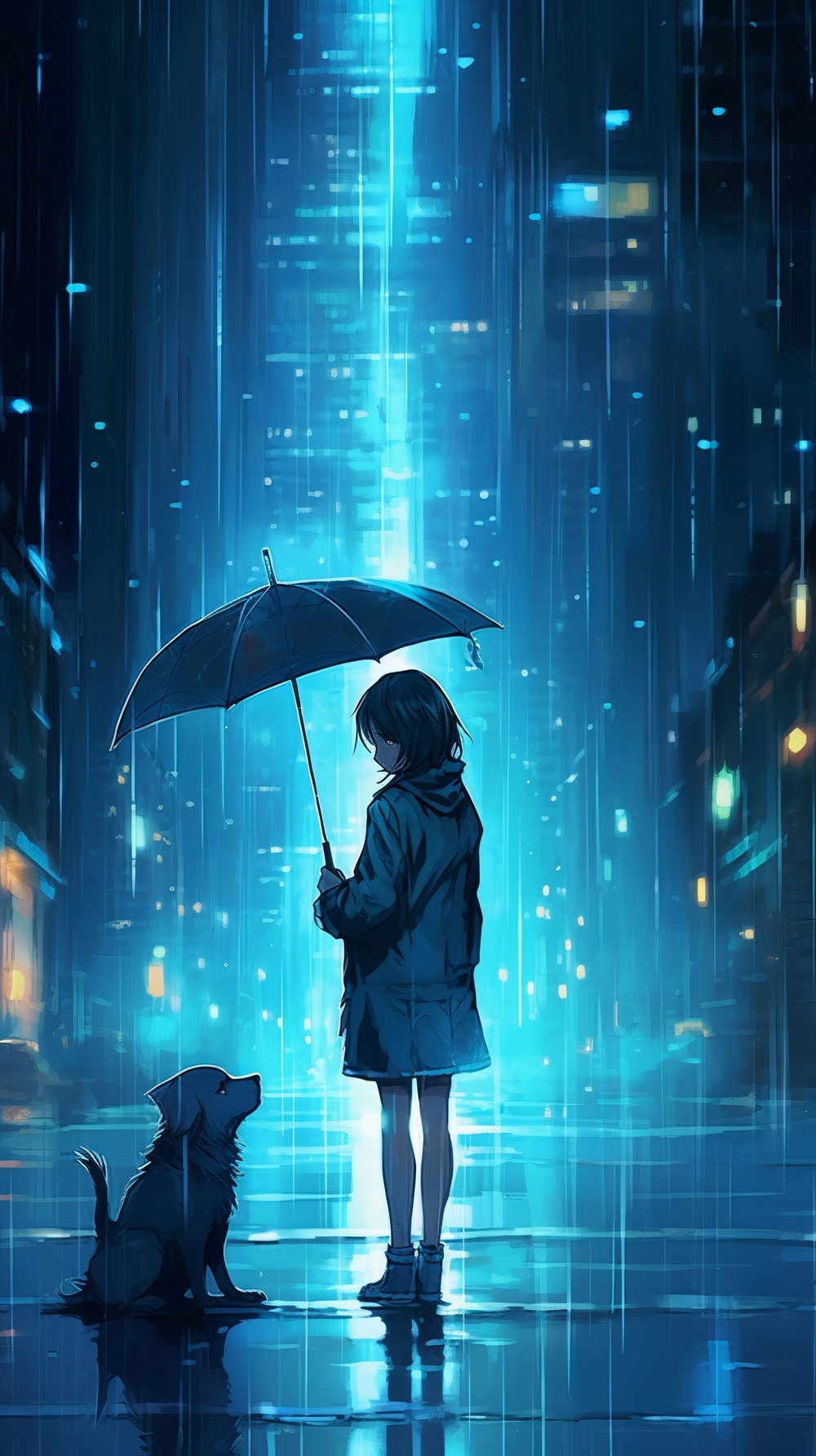 Rainy City Night with Girl and Dog Tapéta[3070ee67d3ac4f38abee]