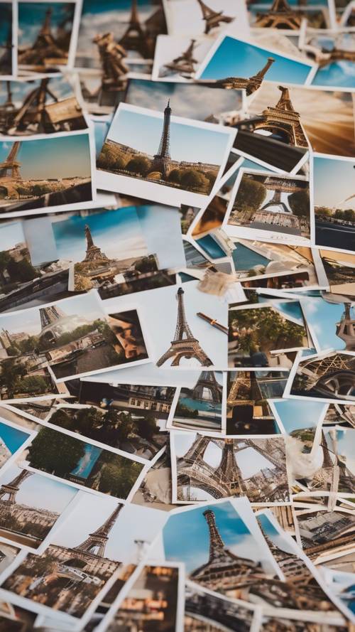 Array of postcards strewn across with different images of the Eiffel Tower.