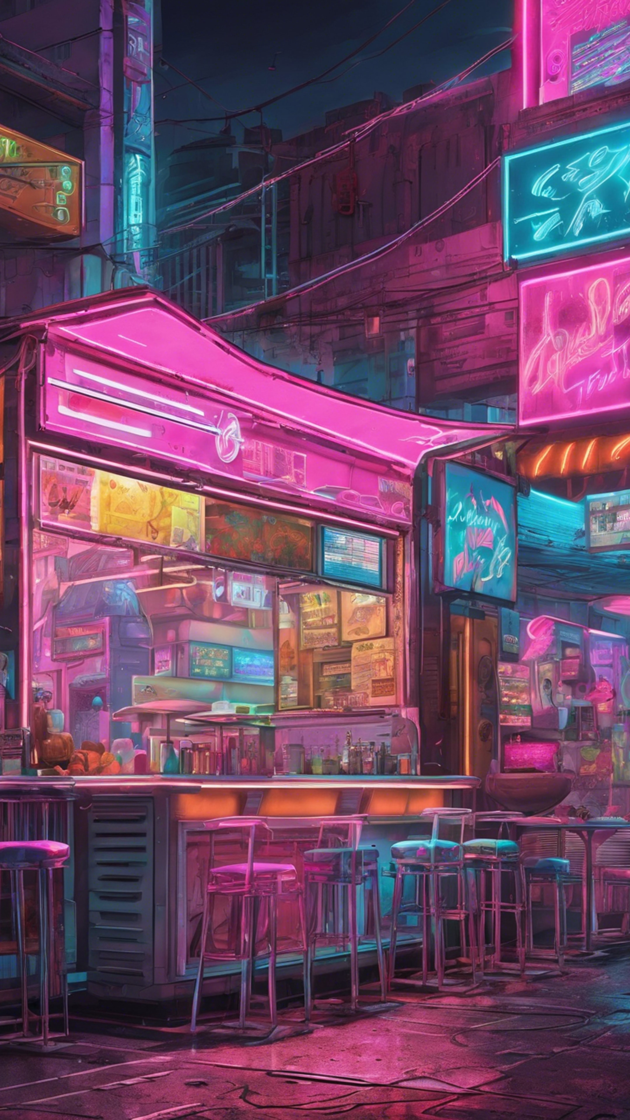 Night scene in a city where cyberpunk meets pastel at a popular street food stall. کاغذ دیواری[607f993b19214cf28e30]