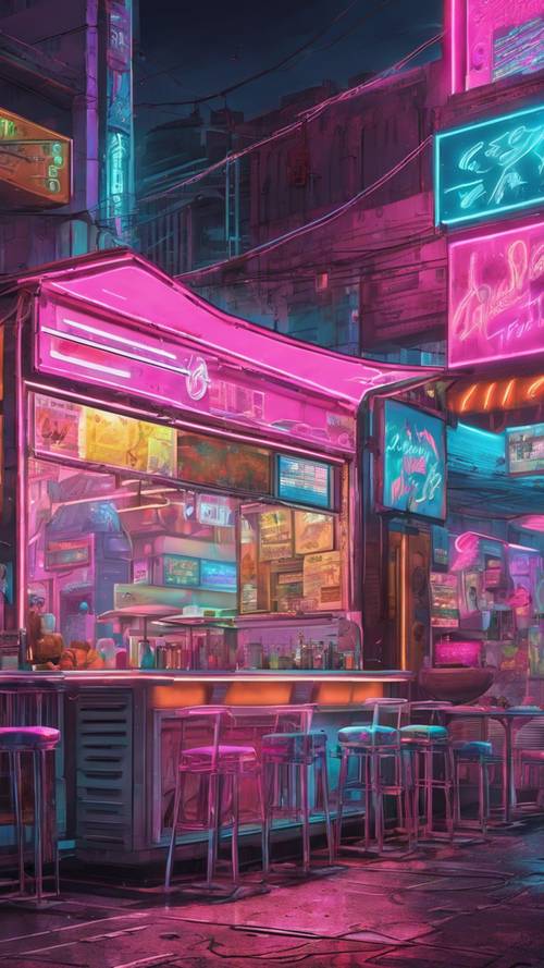 Night scene in a city where cyberpunk meets pastel at a popular street food stall.