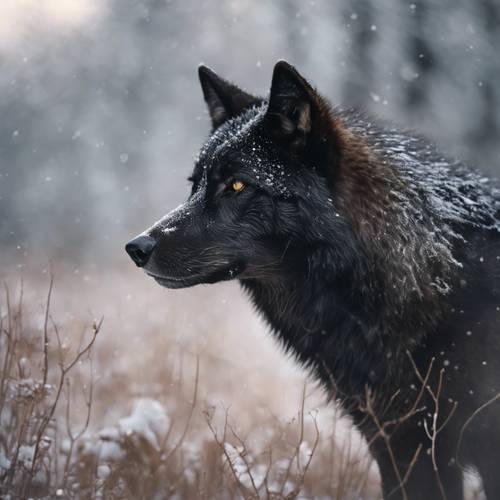 Un ritratto dettagliato di un lupo nero con l&#39;alito invernale.