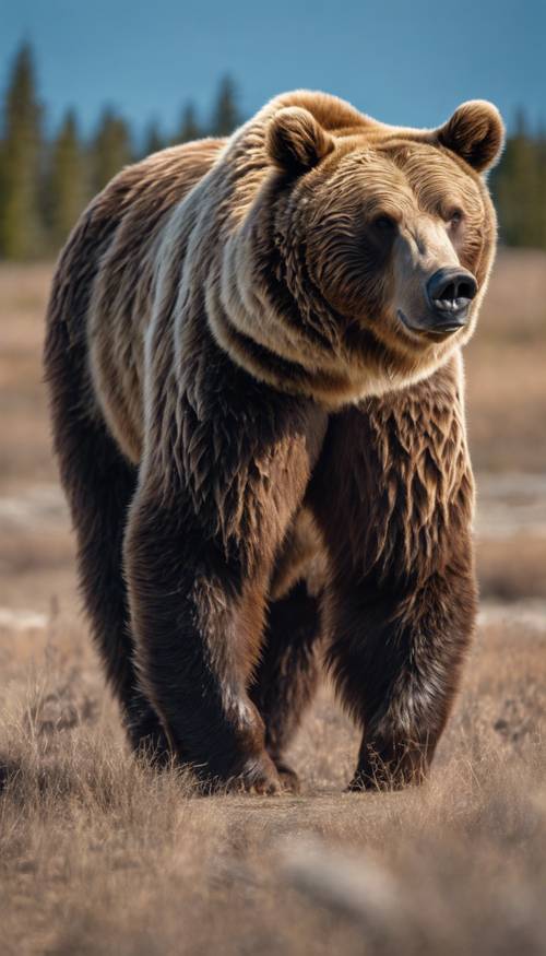 Duży brązowy niedźwiedź grizzly stojący wysoko na tle jasnego błękitnego nieba