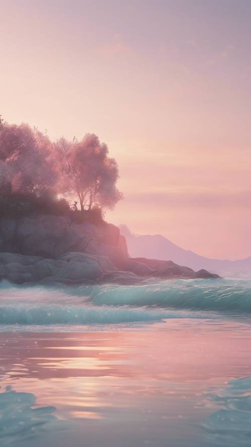Eine breite, tapetengroße Illustration, die der sanften Schönheit einer pastellfarbenen Morgendämmerung ähnelt und eine heitere Meereslandschaft zeigt.