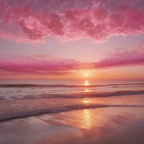 Spokojny wschód słońca nad spokojną plażą, niebo pomalowane surrealistycznym wzorem paisley w odcieniach różu i pomarańczy.