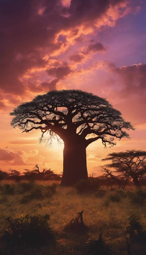Güzel bir Afrika gün batımına karşı silüetlenmiş bir baobab ağacı, gökyüzü parlak tonlarla dolu.