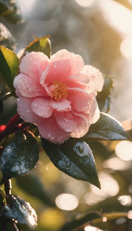 Обласканный солнцем цветок камелии сверкает каплями росы в лучах утреннего солнца.