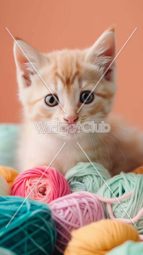 カラフルな毛糸玉と可愛らしいオレンジの子猫