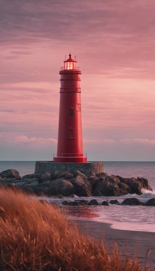 Gambar pemandangan mercusuar merah terang yang mengawasi pantai yang tenang saat senja.