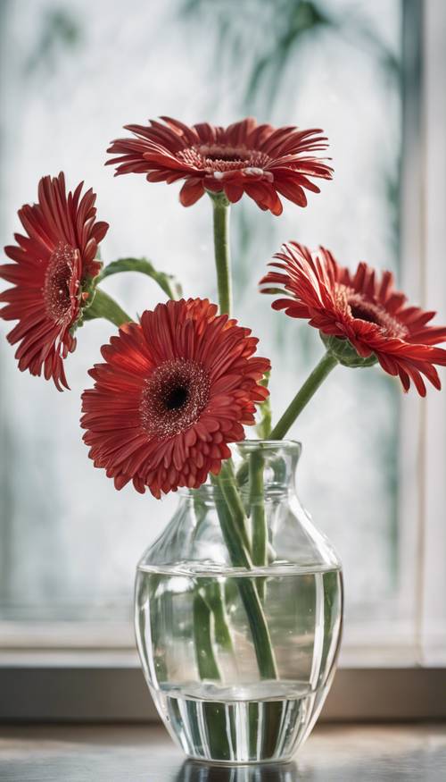 一朵剛盛開的紅白條紋非洲菊雛菊坐在玻璃花瓶裡。