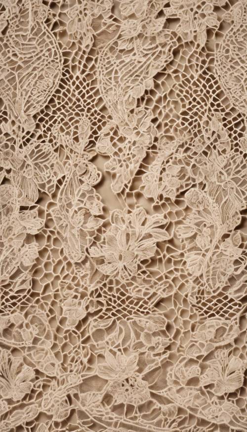 A delicate tan lace pattern with intricate floral designs weaved throughout. Tapeta [e010c05ca56e456388b8]