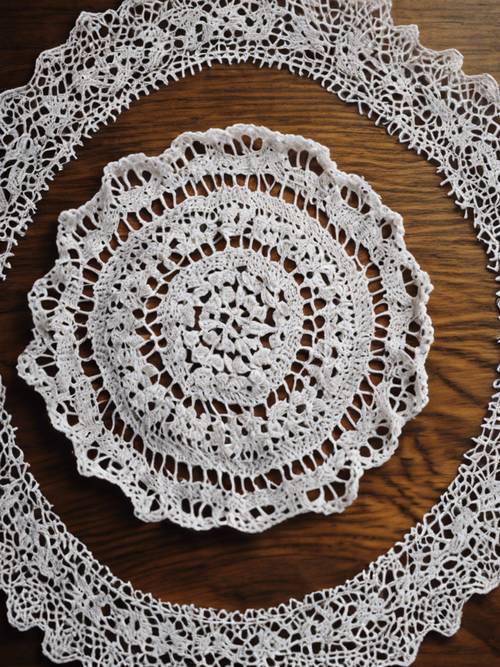 古董鉤編白色紋理桌巾展示在對比鮮明的深色木桌上。