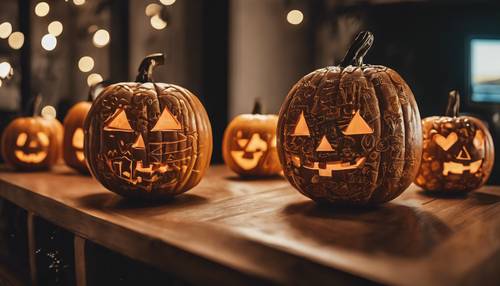 Lanternes Jack-o&#39;-Lantern avec des motifs sculptés de logos de marques de haute couture. Fond d&#39;écran [424ebf51c7f44064bdf9]