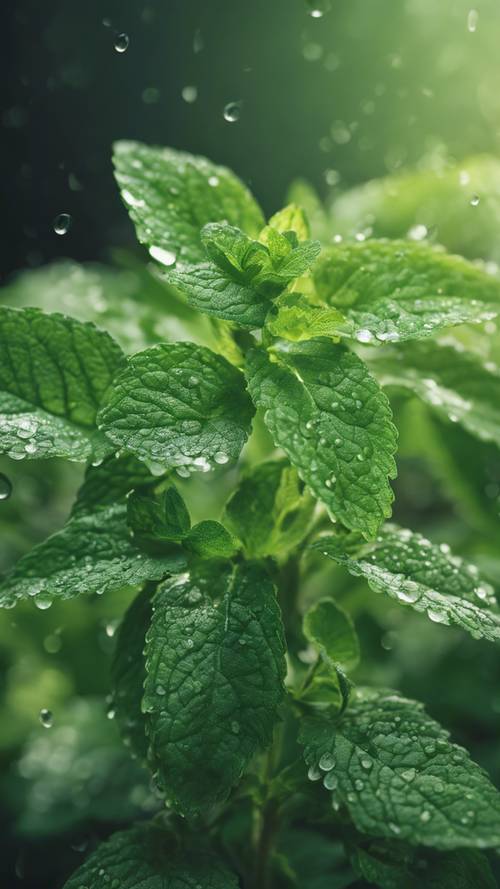 Un primer plano de una refrescante planta de menta con gotas de rocío sobre sus hojas verdes frescas.
