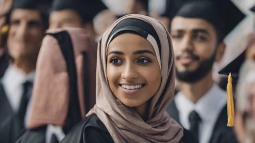 Una donna con l&#39;hijab si laurea come migliore studentessa, simbolo di resilienza e onore.