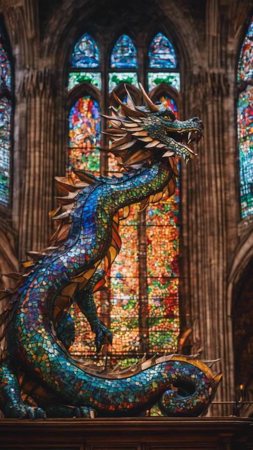 A mosaic-styled dragon composed of colorful stained glass in a cathedral.