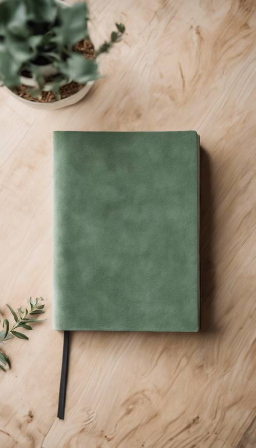 A top view of a sage green suede journal on a light wooden desk.