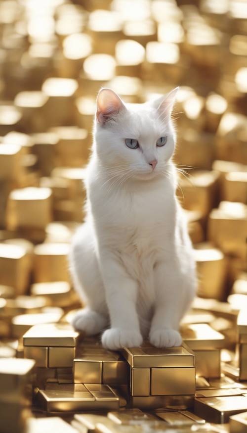 A white cat sitting on a pile of gold geometric blocks.