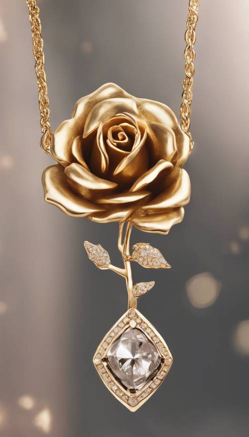 Um elegante pingente de rosa dourada pendurado em um fino colar dourado