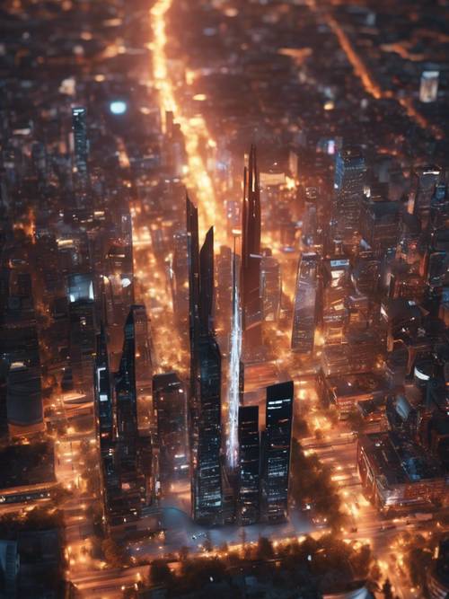 Uma foto aérea de uma paisagem urbana em forma de uma fênix futurista subindo, brilhando com luzes noturnas.