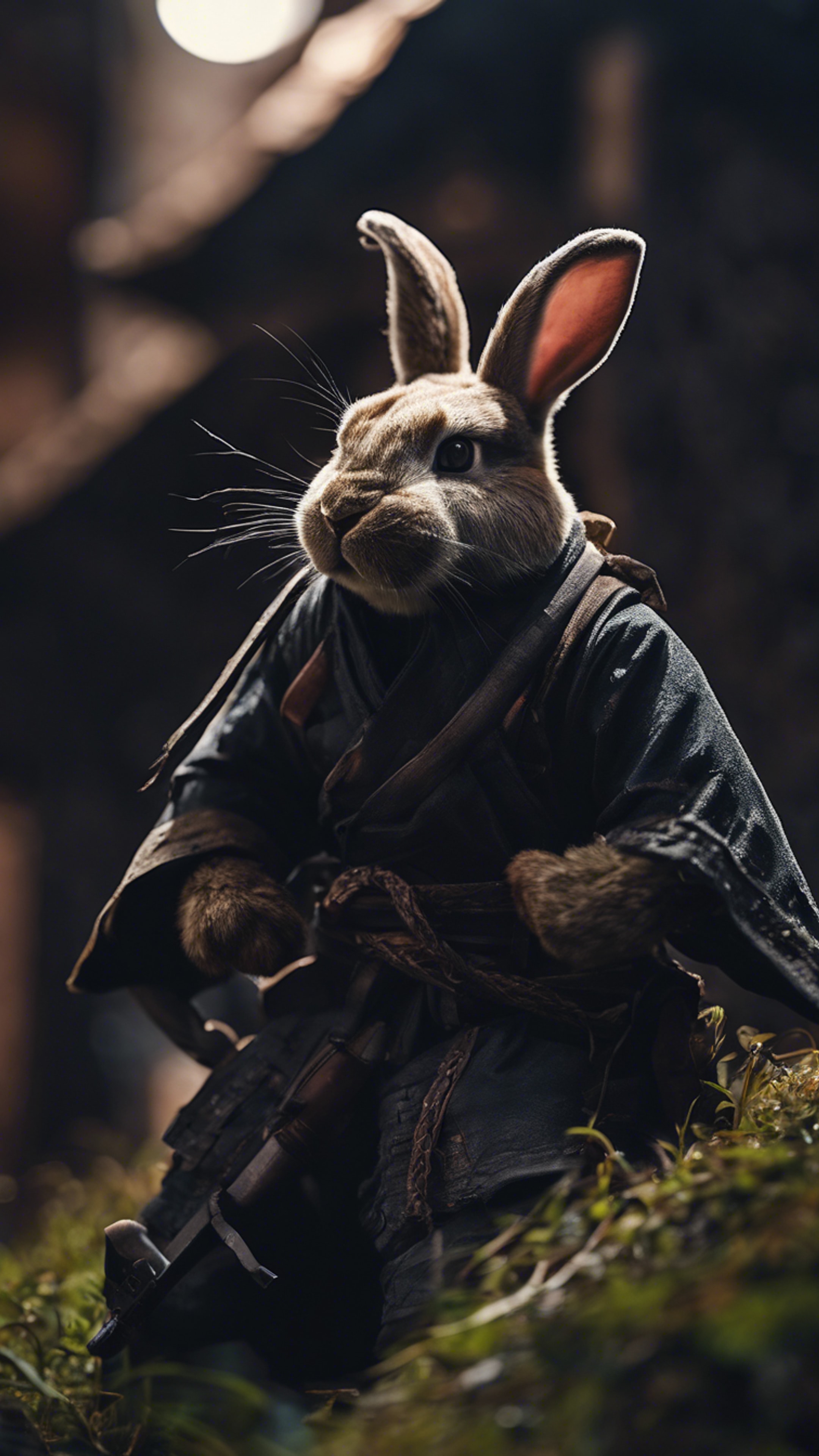 A rabbit ninja stealthily infiltrating a fortress under the cover of darkness. Обои[6531f33b70ff4f28bd8a]