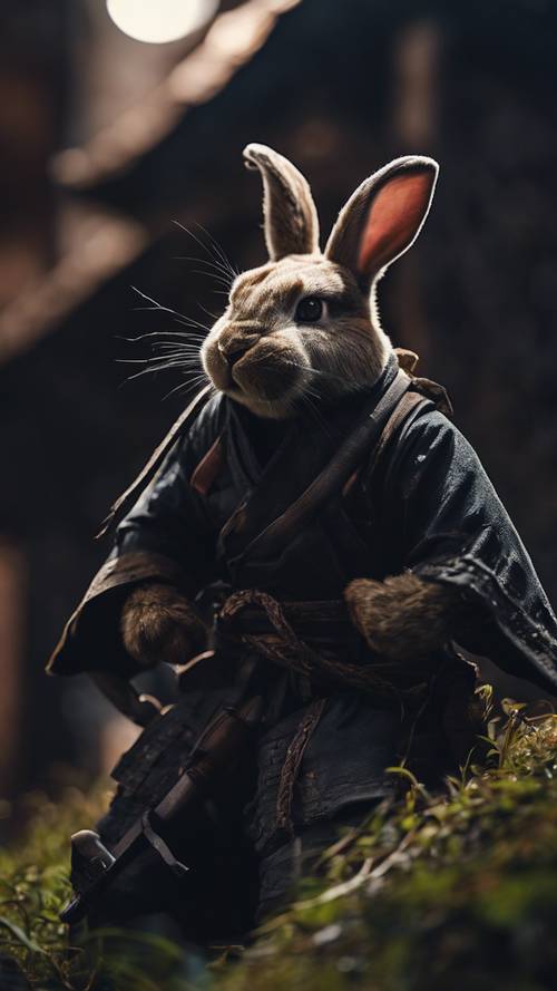 Bir tavşan ninjası, karanlığın altında bir kaleye gizlice sızıyor.