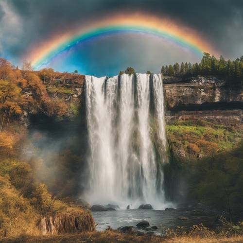 鮮やかな二重の虹の下に広がる滝 - 壁紙