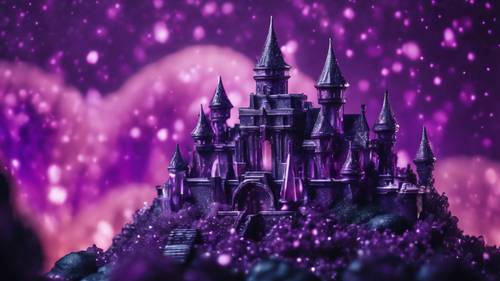 A dark purple, crystalline castle in Kawaii style draped in midnight dew.