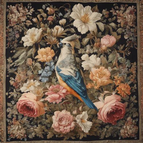 Uma tapeçaria antiga apresentando um intrincado desenho floral com pássaros.