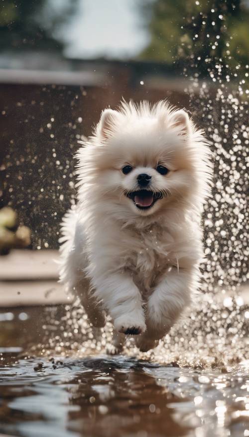 Um brincalhão cachorrinho branco da Pomerânia sacudindo a água depois de uma divertida onda de respingos em uma poça.