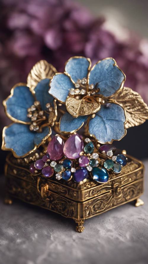 Một chiếc trâm cài hoa cẩm tú cầu cổ làm bằng đá quý, được trưng bày trong hộp trang sức nhung.