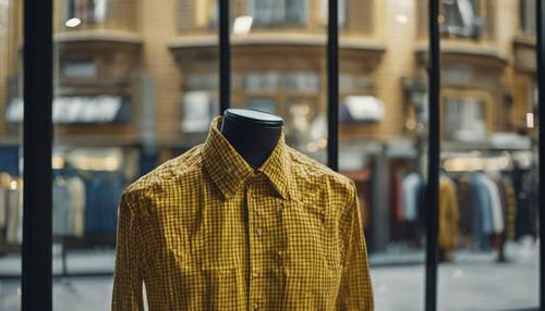 A stylish yellow checkered man's shirt displayed in a boutique window Tapet [9f1afd86b76c4143ba99]