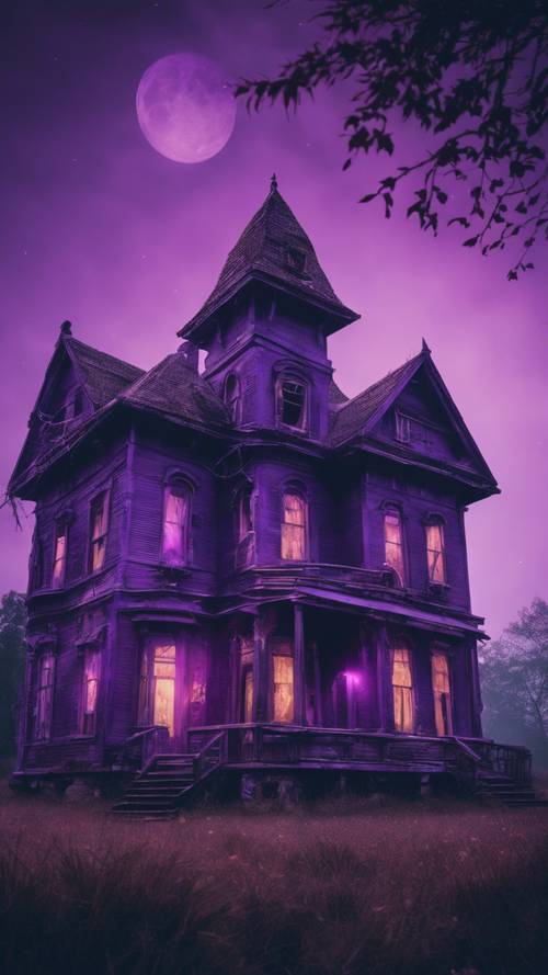 一座质朴古老的鬼屋，沐浴在诡异的紫色灯光中。