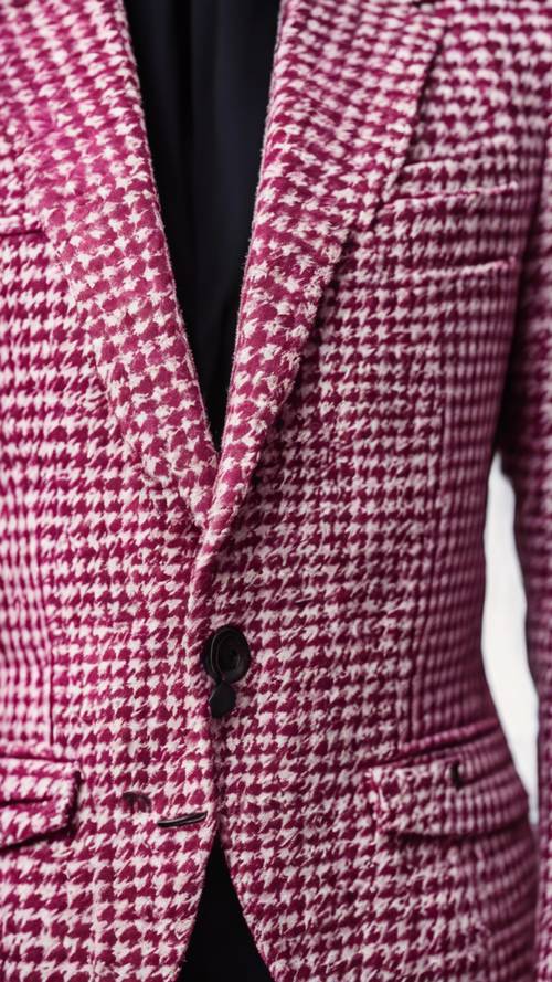 A beautiful houndstooth pattern woven in deep pink and cream threads on a chic Italian suit jacket.