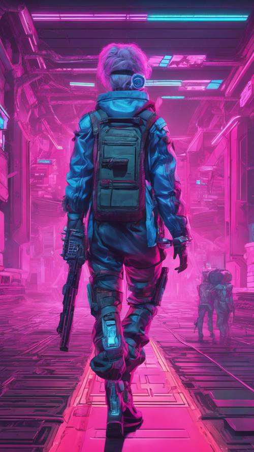 A pink and blue game character embarking on an exciting quest in a dreamlike game world. Tapet [7931571dc8694a588039]